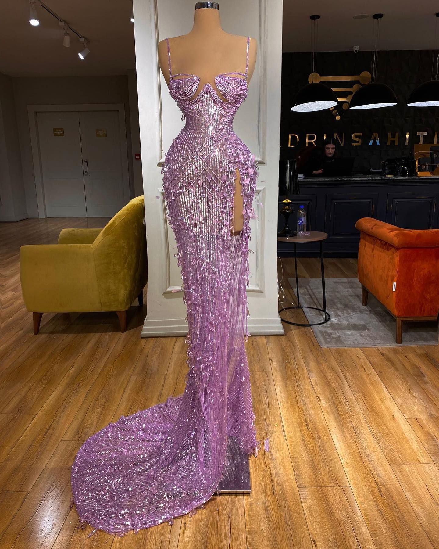 Evening Dress Long Lace Appliques Flowers Mermaid Prom Gowns Women High Split Purple Junior Bridesmaid Special Ocn Dresses 0505