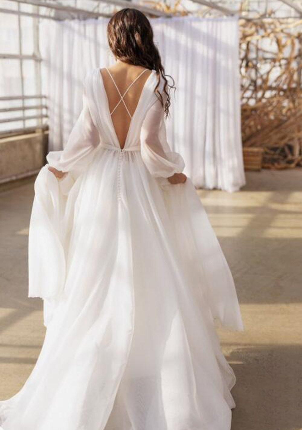 Jewel Classic Wedding Dresses For Bride Long Sleeve Chiffon Illusion Backless A-Line Trendy Criss Cross Sash