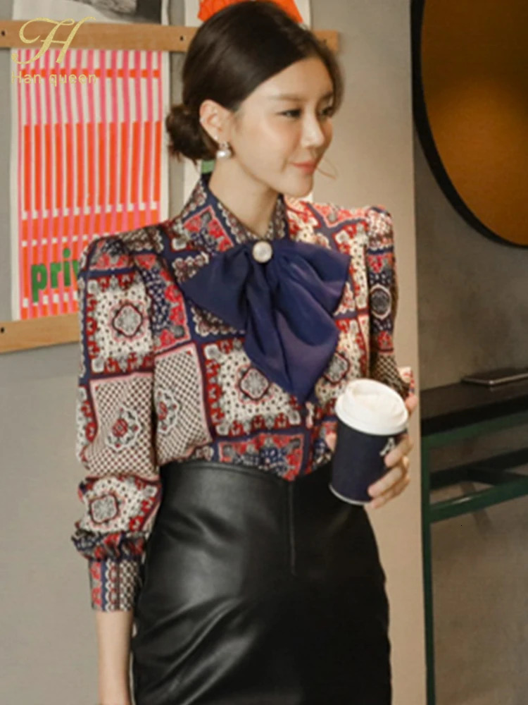 Women's Blouses Shirts H Han Queen Winter Elegant Bow Women Korean Style Casual Vintage Printing Simple Office Wear Work Tops 231207