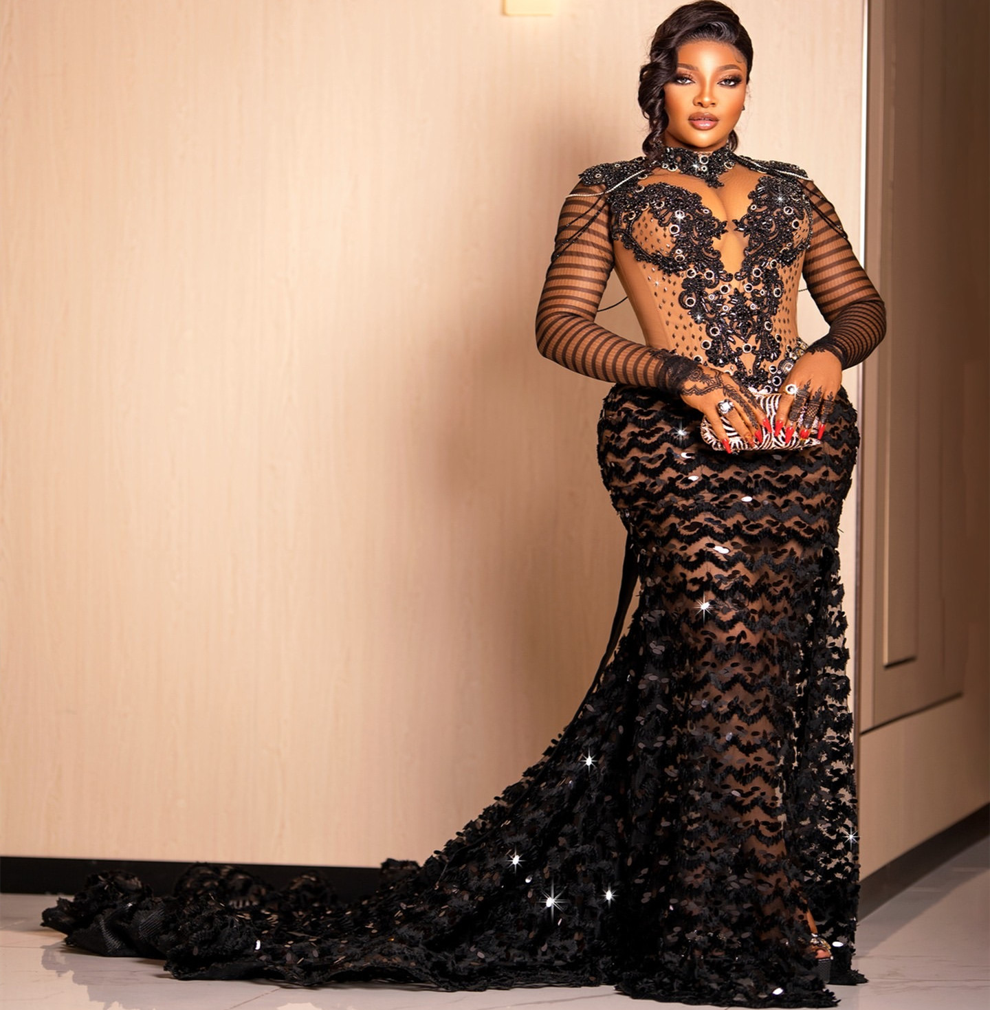 Ao 2024 Eb Black Illuion Mermaid Prom Dre Beaded Crytal Sequined Lace Evening Formal Party Second Reception Birthday Engagement Gown Dree Robe De E e