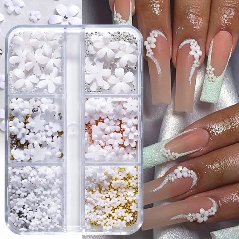 Nail Art Decorations 6Grids Acrylic Flower 3D Nail Art Decorations Resin Charms Gold Beads Caviar Pearl Mixed Rhinestones Accessories Manicure 231207
