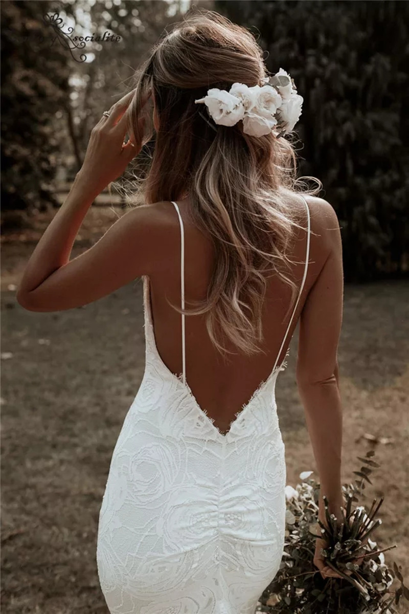 Spaghetti Attractive V-Neck Wedding Dresses For Mariages Backless Tulle Mermaid Sleeveless Mordern Applique Lace Court Train