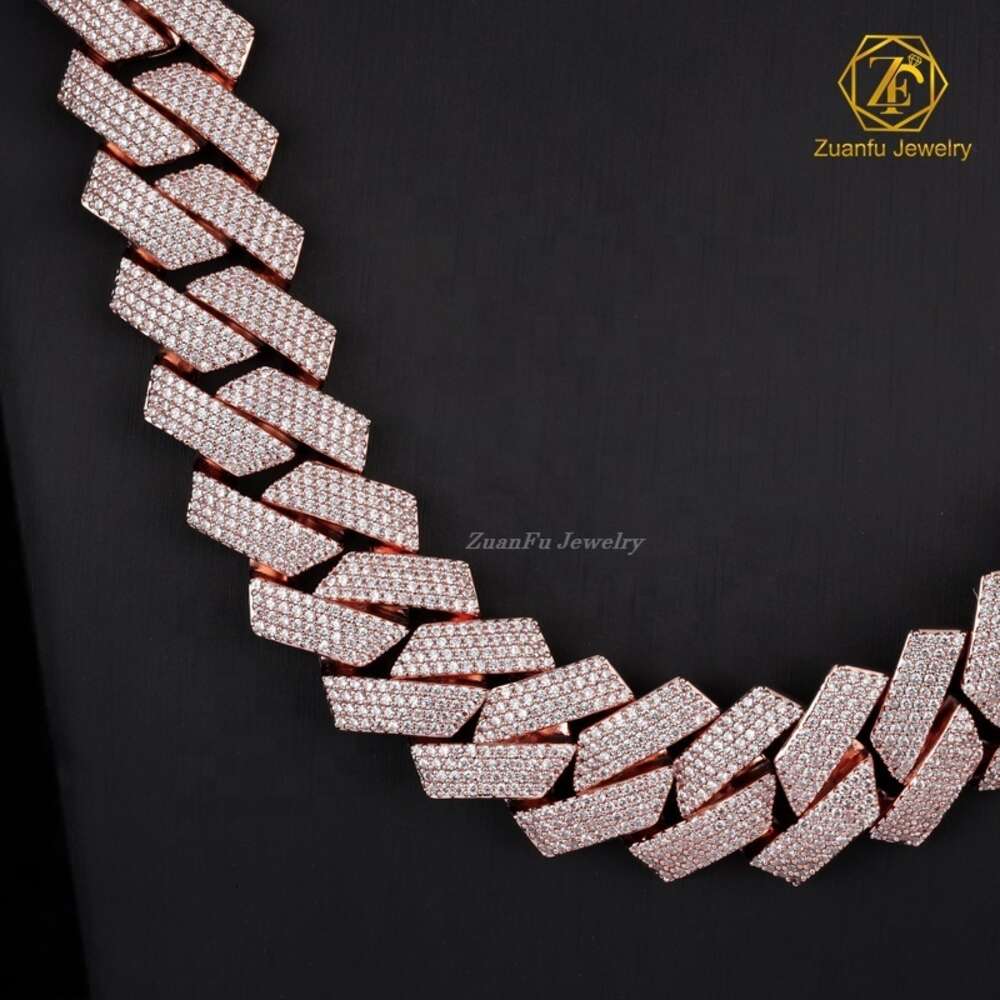 Sterling Silver 925 Rose White Gold Miami Cuban Link Iced Out Lab Diamond Moissanite Cuban Chain Necklace Jewelry