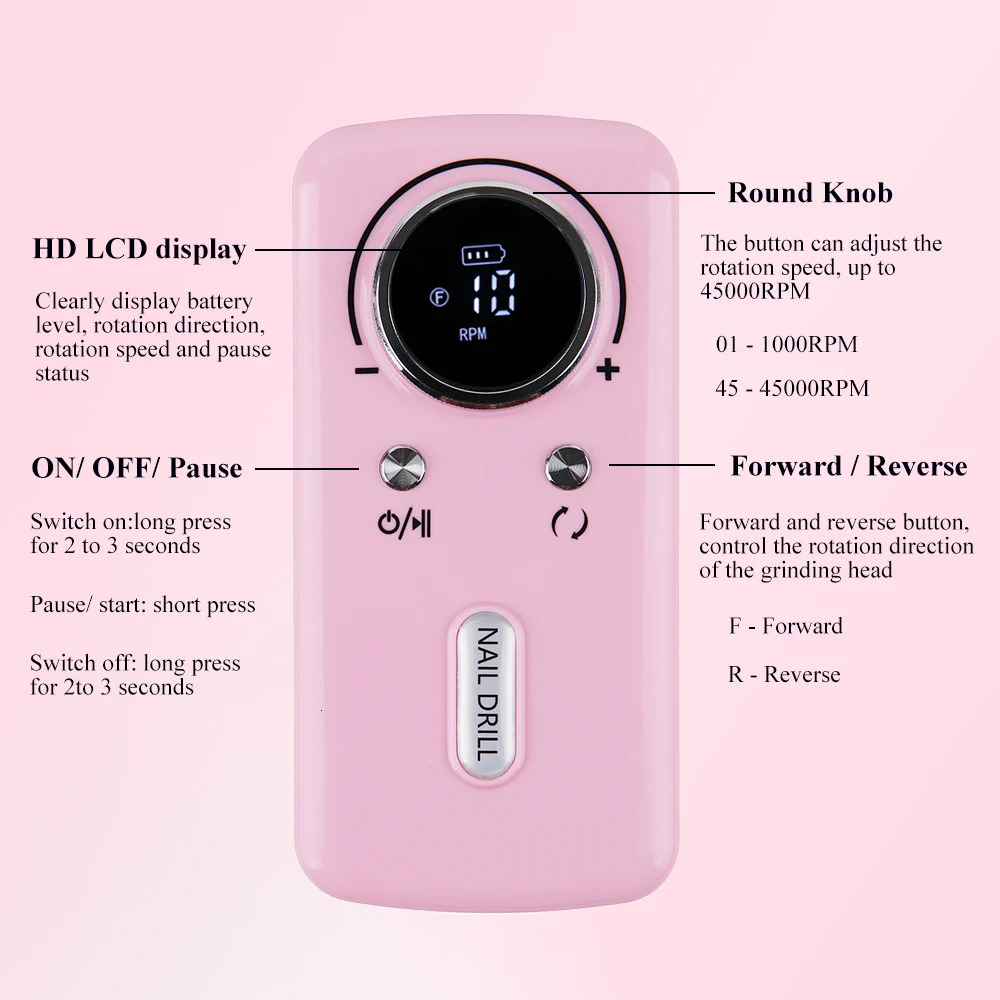 Nail Art Equipment 45000RPM Professional Rechargeable Electric Nail Drill Machine Portable Cordless Nail File For Acrylic Gel Nails Remove 231207