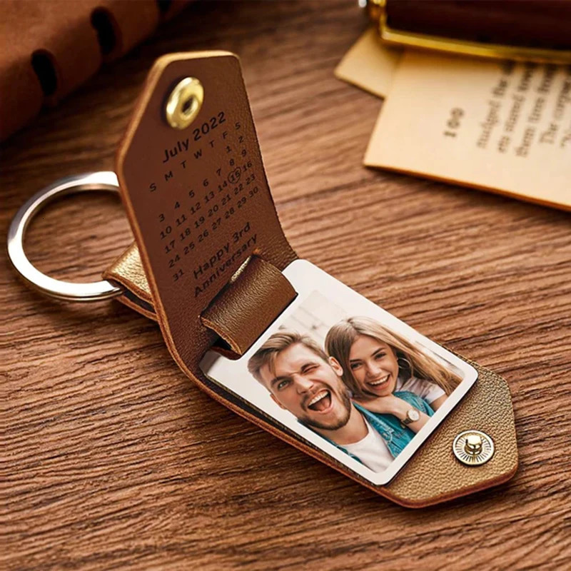 Key Rings Customized Po Calendar Leather Keychain Stainless Steel Personalized UV Color Printing Picture For Father's Day Gift 231206