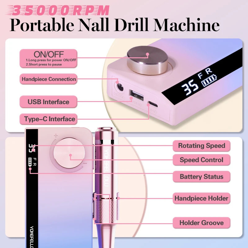 Nail Art Equipment 35000RPM Rechargeable Nail Drill Manicure Machine With Pause Mode Nail Salon Equipment Nail Gel Cutting Remove Nail Sander 231207