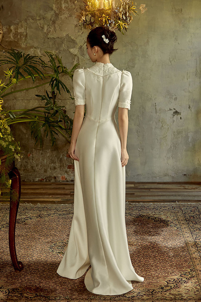 Satin Church Wedding Dress 2023 Elegant Vintage High Neck Pearls Beads Wedding Bride Gowns White A Line Vestido De Noiva