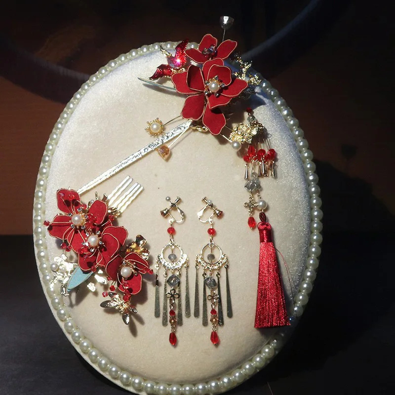 Headwear Hair Accessories Chinese Red Fabric Step Shake Flower Tassel Hairpin Classical Bride Wedding Hanfu Qipao 231207