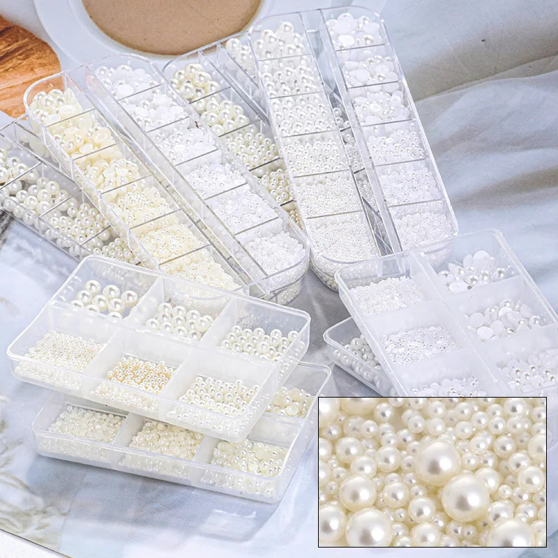Nail Art Decorations Parts Nails Accessories Pearls Flatback Beads Nacre 1Box Acrylic Ball Rhinestones Supplies For Professionals Needlework Kit Case 