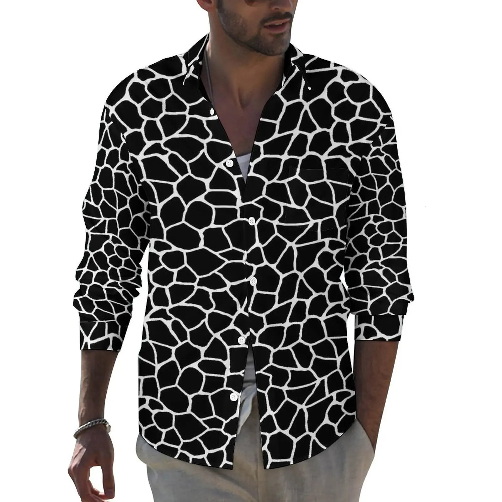 Men's Casual Shirts Giraffe Print Animal Shirt Autumn Black and White Casual Shirts Man Cool Blouses Long Sleeve Graphic Funny Top Big Size 3XL 4