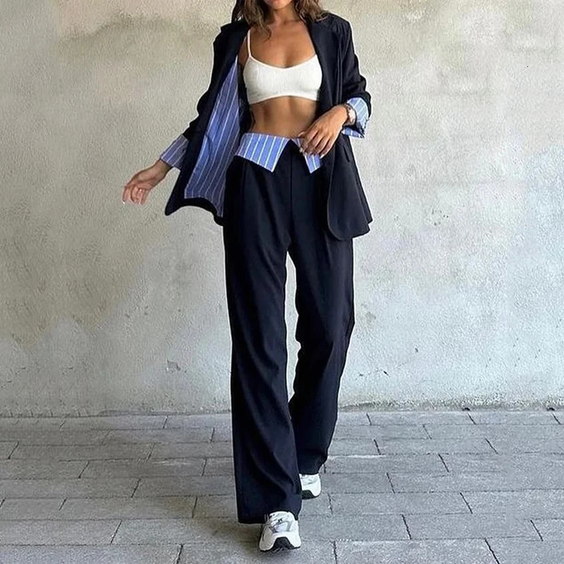 Women's Two Piece Pants Waytobele Women Blazer Suit Autumn Simple Office Casual Solid Long Sleeve Lapel Top Loose Sets Streetwear 231206