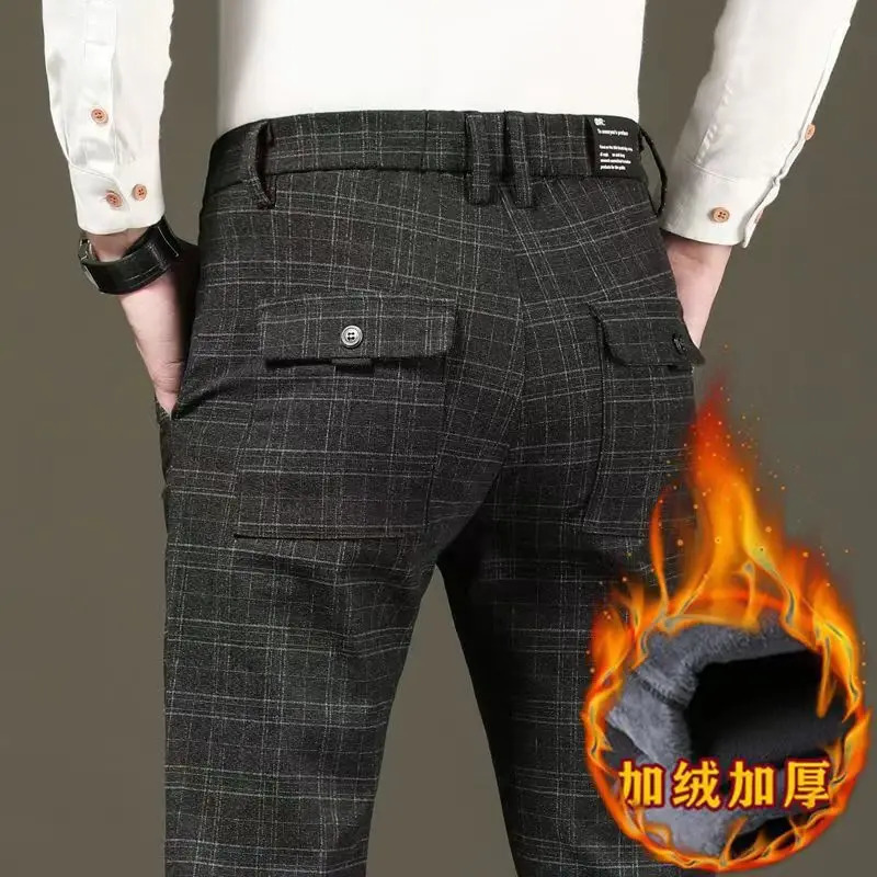 Men's Pants Winter Plaid Thicken Male Four Seasons Business Trousers Clothing Straight Casual Harem Size 38 231206