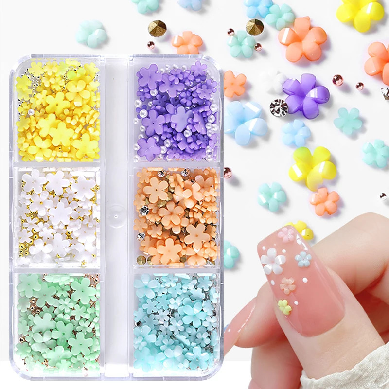 Nail Art Decorations 6Grids Acrylic Flower 3D Nail Art Decorations Resin Charms Gold Beads Caviar Pearl Mixed Rhinestones Accessories Manicure 231207