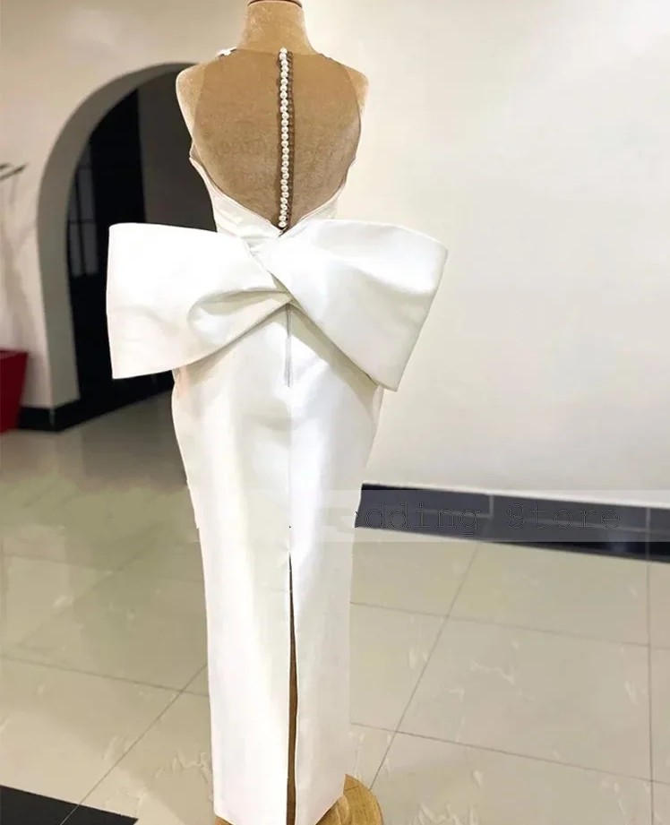2024 Elegant Wedding Dress White Satin Or Length O Neck Column Bride Party Gowns Women Slit Big Bow Illusion Back Bridal Guest Dresses Vestidos De Noi