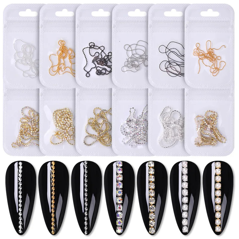Nail Art Decorations Pearl Claw Nail Chain Gold Silver Nail Stone Beads Decor 3D Rhinestone Metal Steel Ball Chain DIY Charm Nail Art Jewelry Decor 23