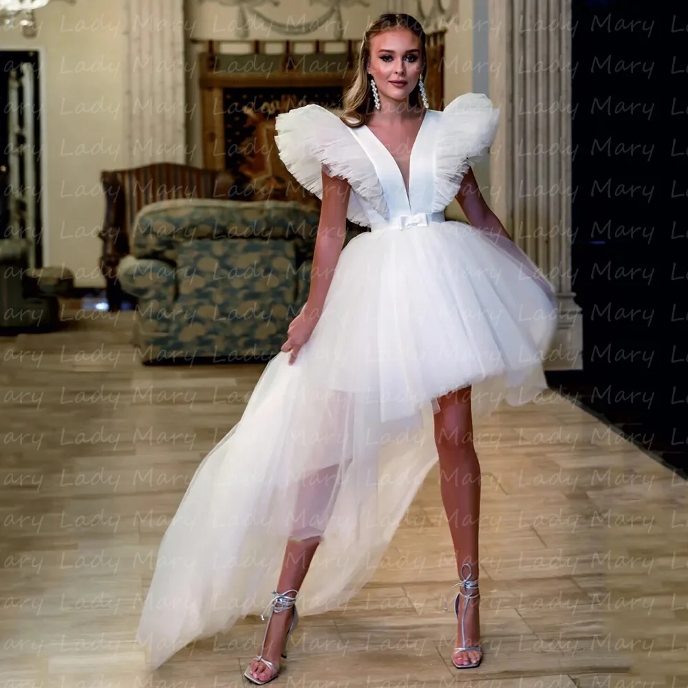 2024 Short Wedding Dress Deep V Neck Big Ruffle Sleeves Hi Lo Girl Sweet Boho Beach Bridal Party Gowns Vestidos de Noviaia