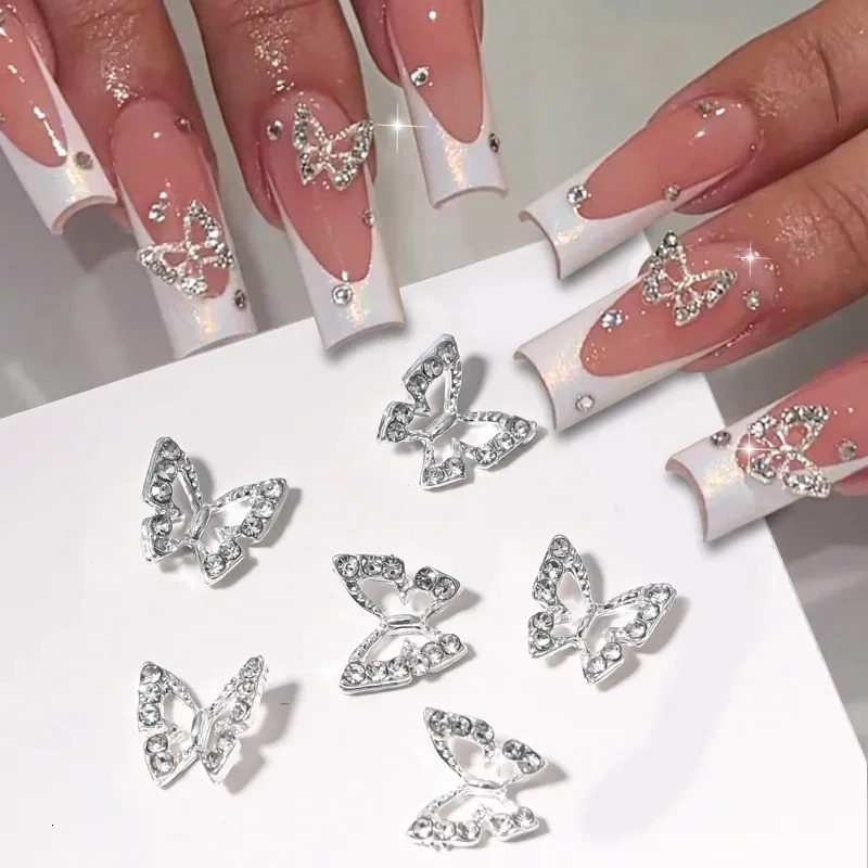 Nail Art Decorations 10pcsbag Butterfly Shaped Nail Rhinestone Star Flower Nail Charm Silver Gold Alloy Nail Pearl Jewelry Accessories Nail Supplies 2
