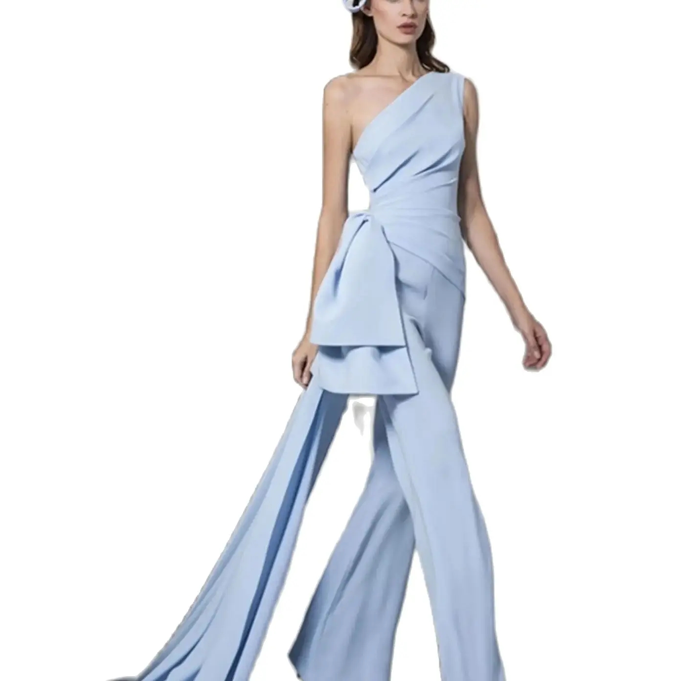 Elegant One Shoulder Prom Dresses Satin Jumpsuits For Women Overskirt Evening Gowns Ruched Customise Junior Bridesmaid Dresses
