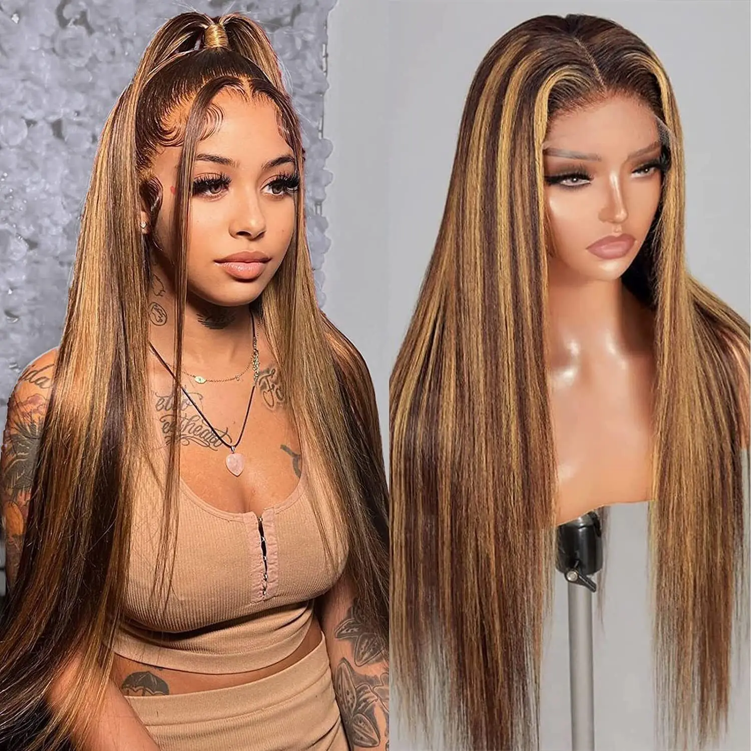 Free shipping Peruvian 4/27 Honey Blonde Highlight Human 13x4 Straight Lace Front with Baby Hair Short Bob Synthetic Wig