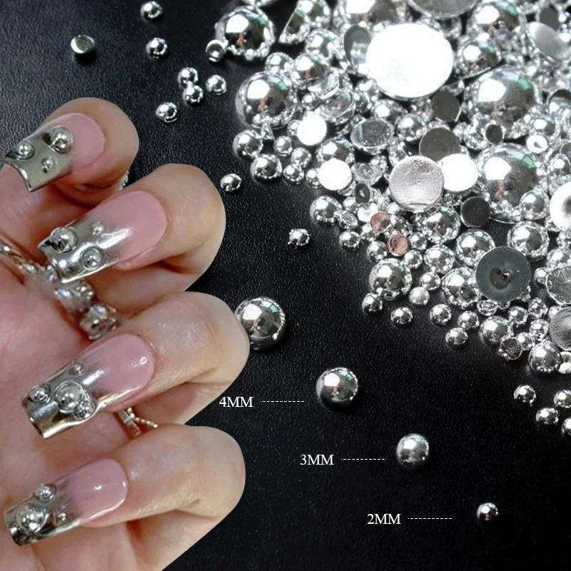 Nail Art Decorations 1Bag Silver Pearl Shape Nail Art Decoration Flat Back Nail Charms Manicure Tips Rhinestones Mixed Size 3D Beads Nail Accessories 