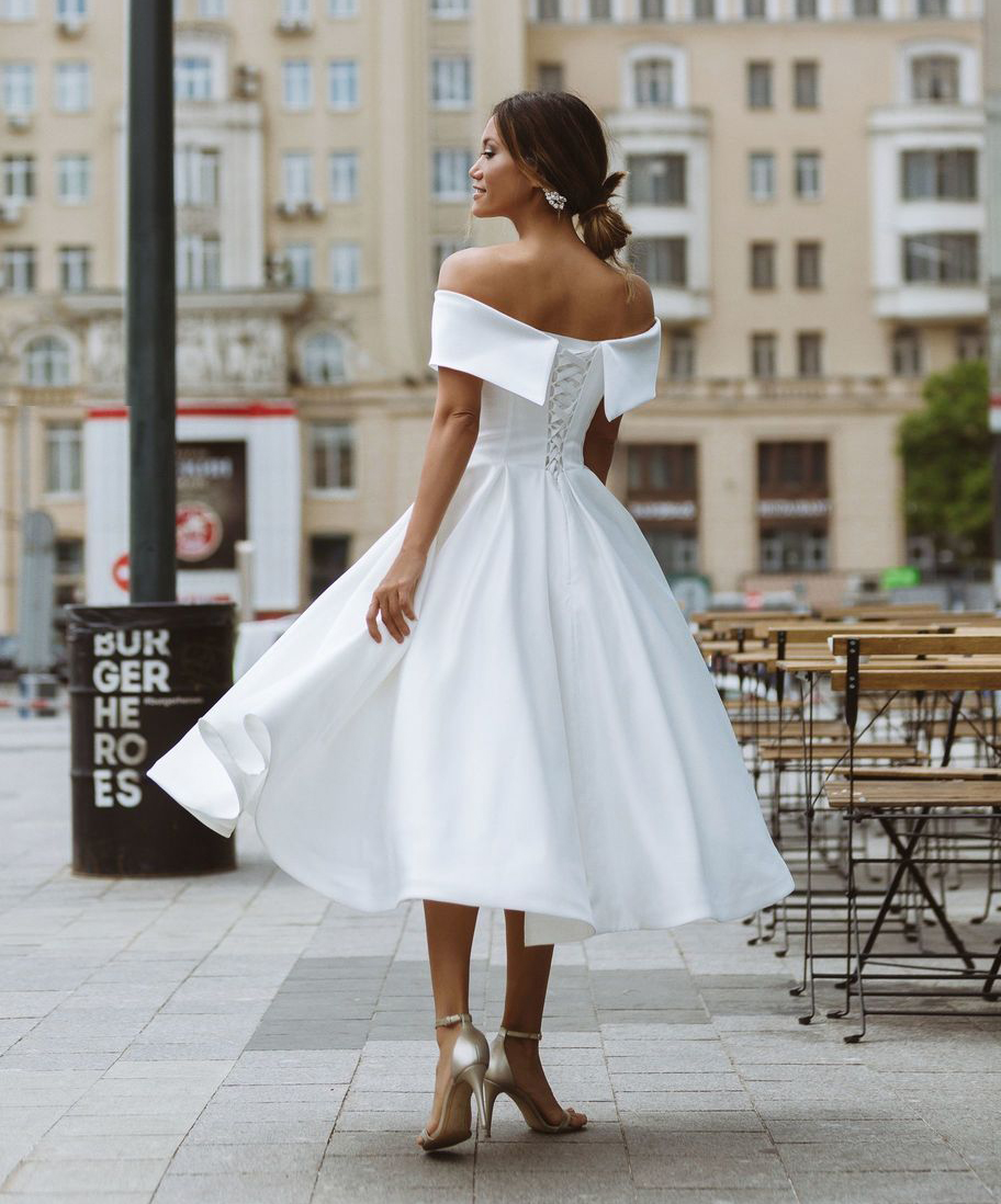 Simple Lace-Up Wedding Gown For Bride Satin Off-Shoulder Tea-Length Short Sleeve A-Line Mordern Short Wedding Dress