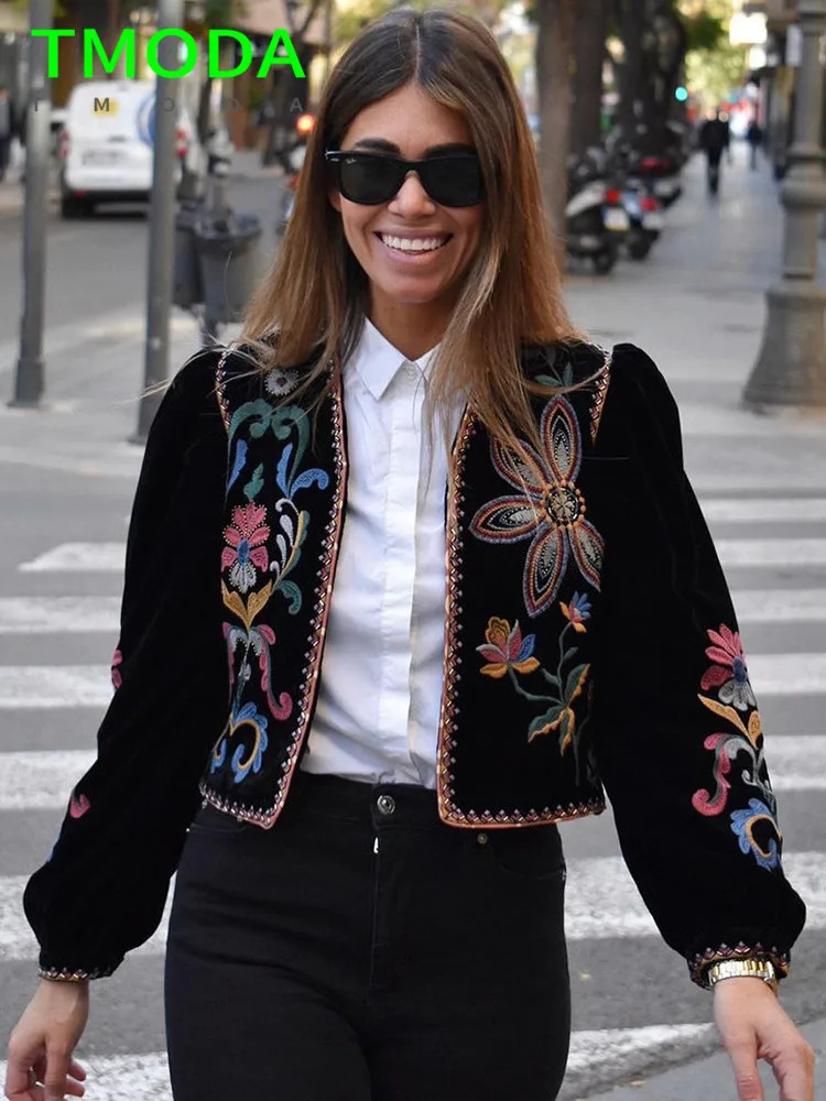 Women's Suits Blazers T MODA Women Fashion Contrast Embroidery Velvet Crop Open Blazer Coat Vintage Long Sleeve Female Outerwear Chic Veste Femme