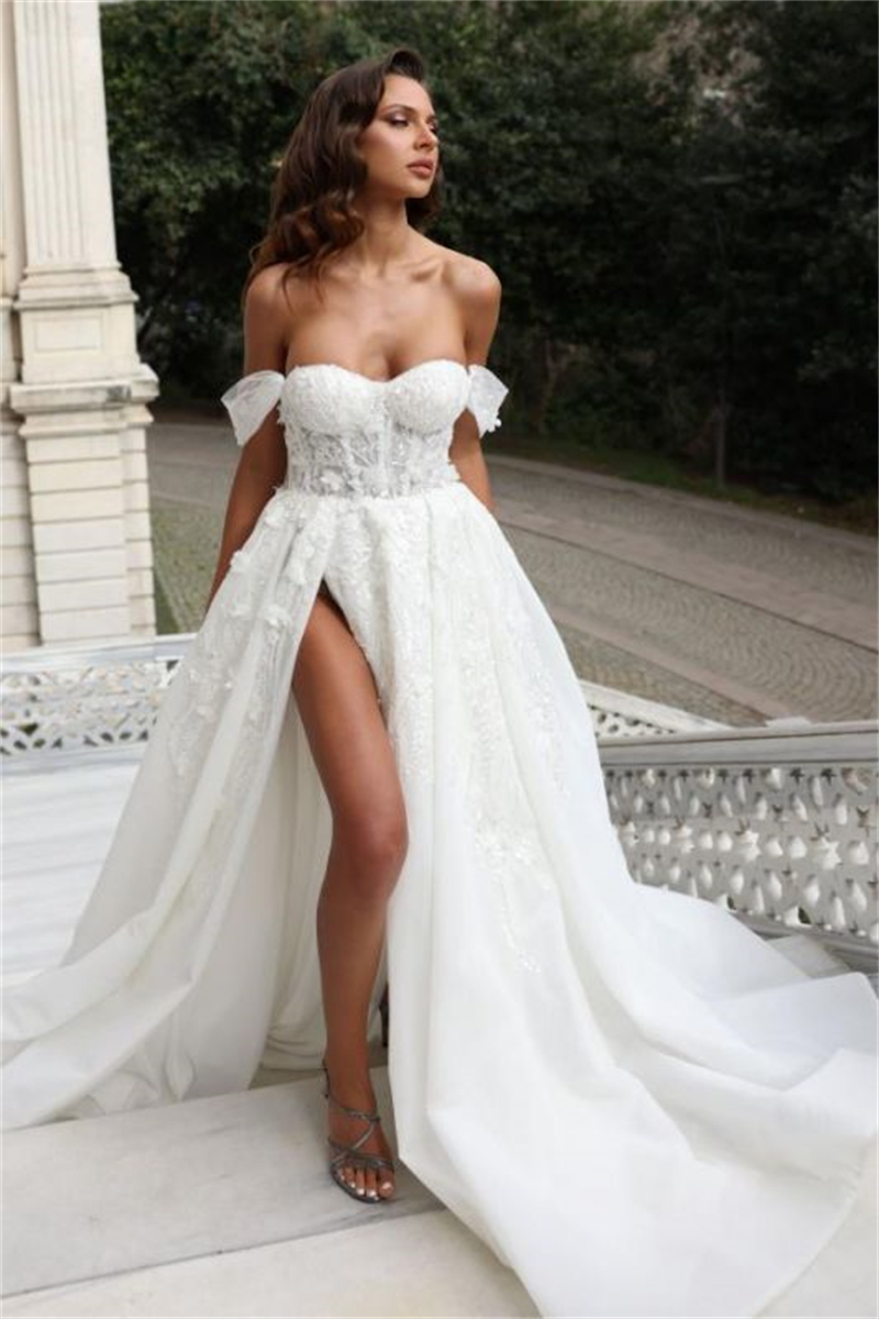 Stylish Beach A Line Lace Wedding Dress Off The Shoulder Appliques Beaded Long Boho Bridal Gowns Side High Split Sexy Bride Dresses Summer Robe