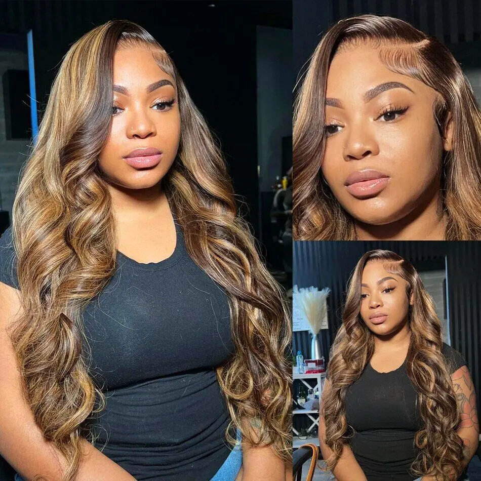 Peruvian Soft 4/27 Highlight Wave Human Hair Wigs Brazilian Body Wavy 360 Transparent Synthetic Lace Front Wig PrePlucked for Women