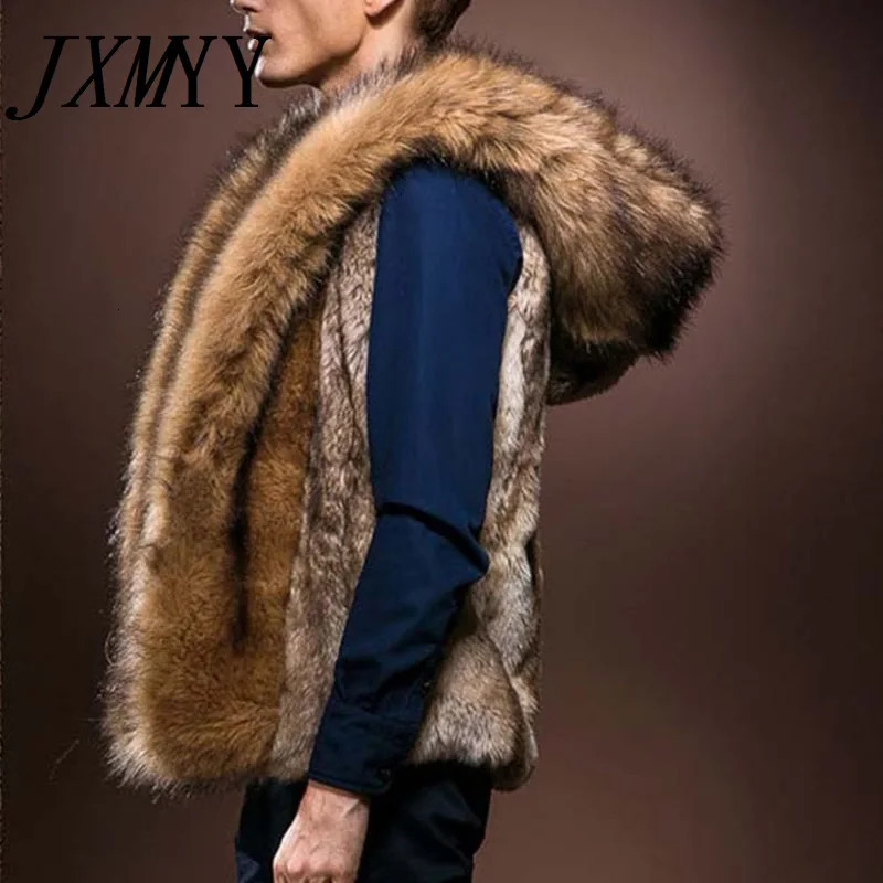 Men's Vests Fashion Winter Men Males Fur Vest Hoodie Hooded Thick Fur Warm Waistcoats Sleeveless Coat Outerwear Jackets Plus Size S-3XL 231207