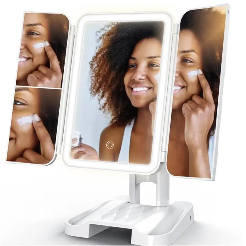 Compact Mirrors 3 Folding LED Makeup Mirror 2/3X Magnifying Cosmetic Vanity Mirror 180 Rotation Adjustable Touch Dimmer Table Makeup Mirror 231202