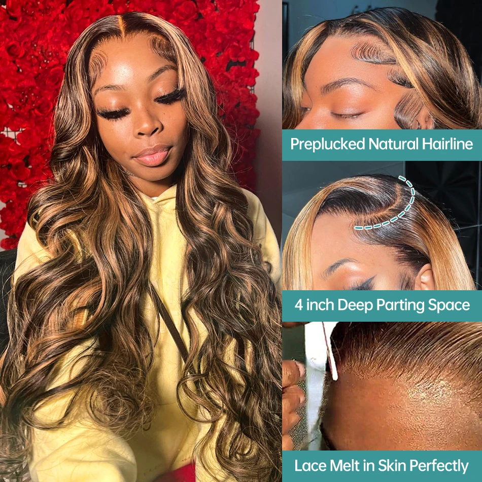 Peruvian Soft 4/27 Highlight Wave Human Hair Wigs Brazilian Body Wavy 360 Transparent Synthetic Lace Front Wig PrePlucked for Women