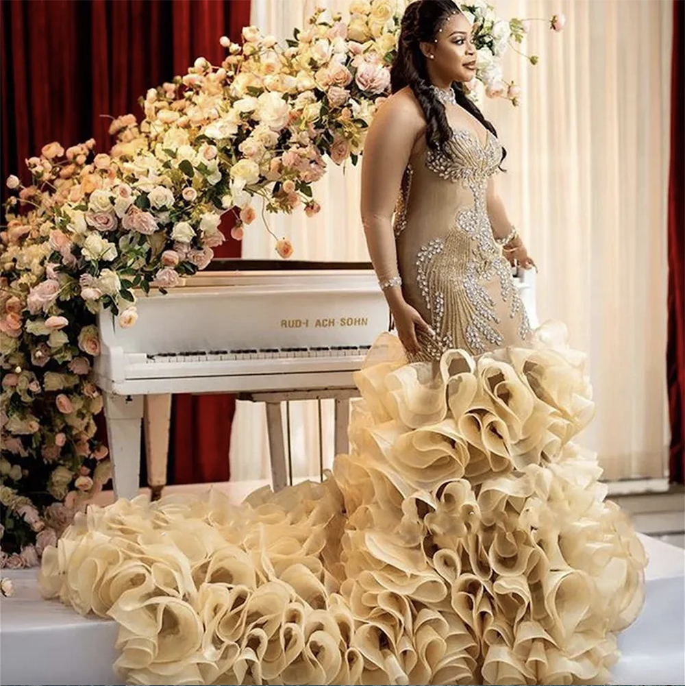 African Mermaid Wedding Dresses Cascading Ruffles Tiered Long Train High Neck Full Sleeves Bridal Gowns Appliques Crystals Beaded Custom Made 2023 050