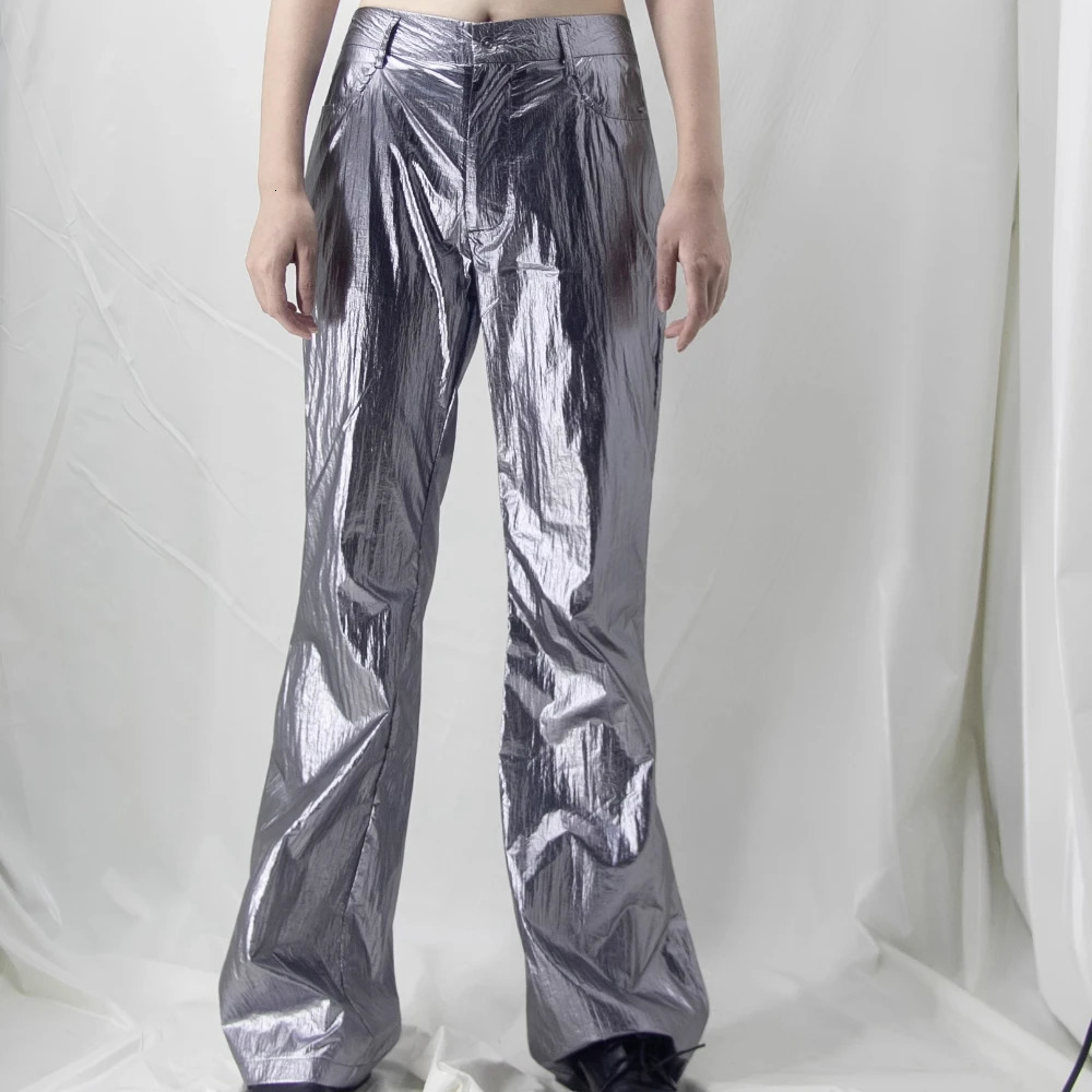 Women's Pants s Millennium Mambo| y2k Onlyfans fashion Gray Metallic Flared Spicy Girl Vintage Futuristic Vibe for women 231206