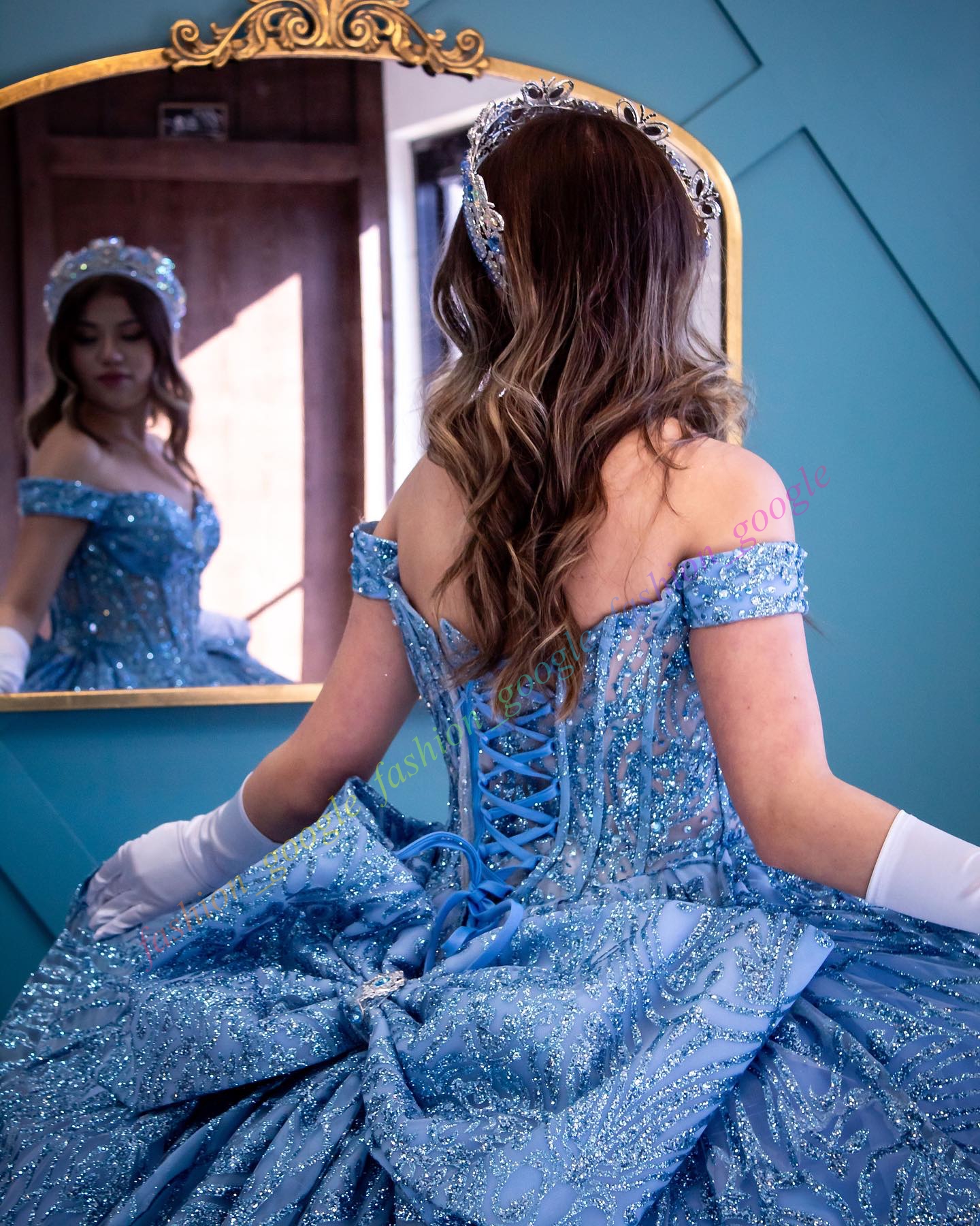 Shimmering Glitter Tulle Quinceanera Dress Detachable Back Bow Ball Mexican Quince Sweet 15/16 Birthday Party Gown for 15th Girl Drama Winter Formal P