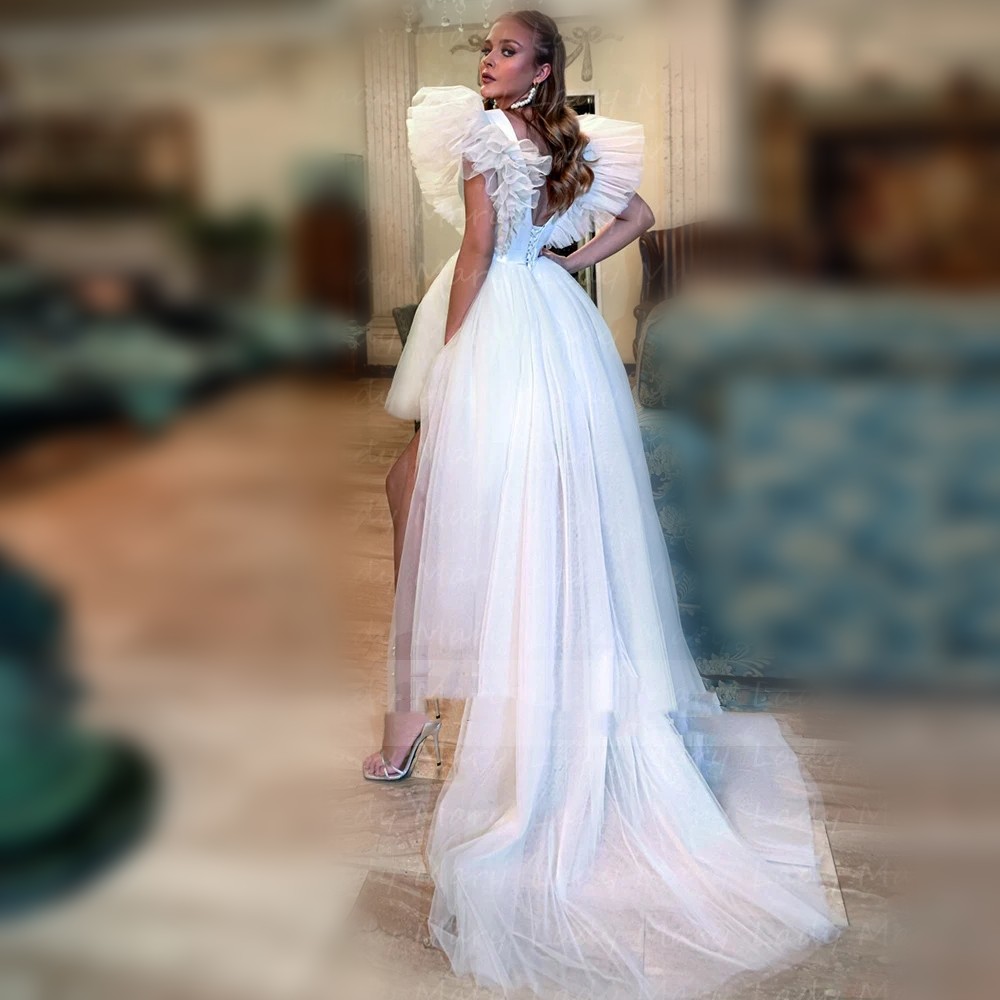 2024 Short Wedding Dress Deep V Neck Big Ruffle Sleeves Hi Lo Girl Sweet Boho Beach Bridal Party Gowns Vestidos de Noviaia