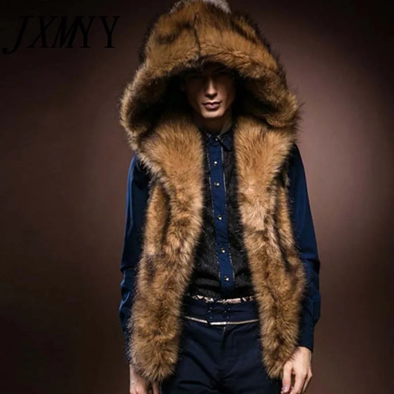 Men's Vests Fashion Winter Men Males Fur Vest Hoodie Hooded Thick Fur Warm Waistcoats Sleeveless Coat Outerwear Jackets Plus Size S-3XL 231207