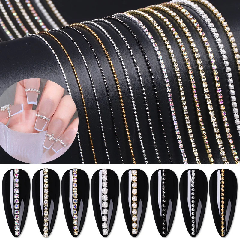 Nail Art Decorations Pearl Claw Nail Chain Gold Silver Nail Stone Beads Decor 3D Rhinestone Metal Steel Ball Chain DIY Charm Nail Art Jewelry Decor 23