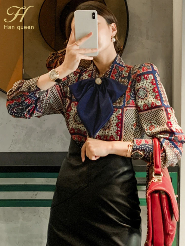 Women's Blouses Shirts H Han Queen Winter Elegant Bow Women Korean Style Casual Vintage Printing Simple Office Wear Work Tops 231207