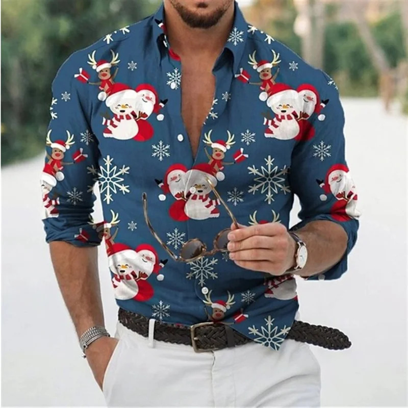 Men's Casual Shirts Hawaiian Christmas Snowman Themed Men's dress Shirt 3D Printed Casual Long Sleeve Street Wear Elegant Clothing for Men O