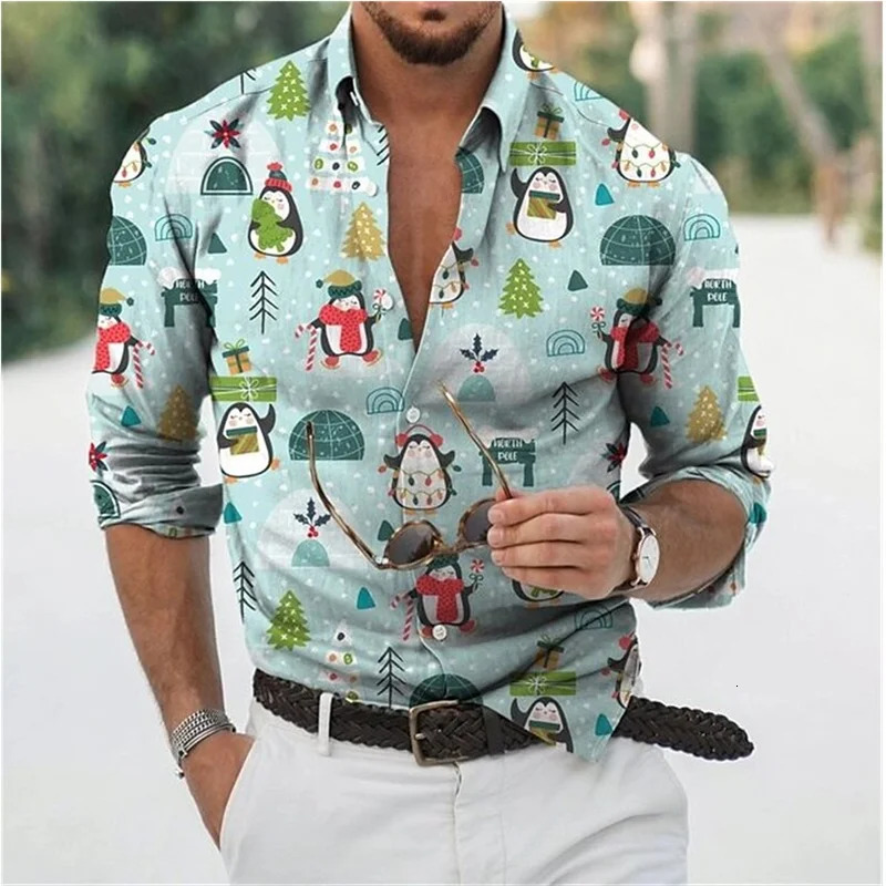 Men's Casual Shirts Hawaiian Christmas Snowman Themed Men's dress Shirt 3D Printed Casual Long Sleeve Street Wear Elegant Clothing for Men O