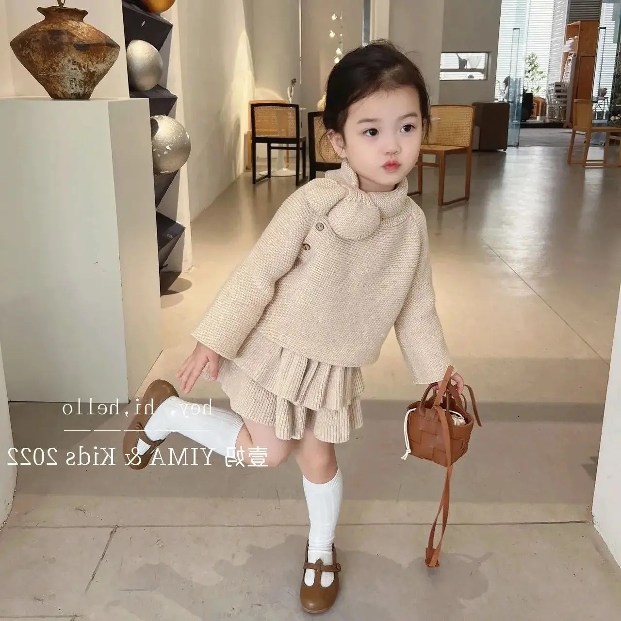 Clothing Sets Kids Clothes Girls Pullover Bowknot Top Retro knitting Elegant Pleated Skirt Two Piece Set Sweater Fashion Spring Autumn 231207