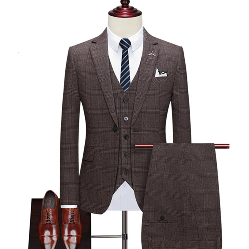 Men's Suits Blazers Suit Coat Vest Pants 3 Pcs Set 2023 Casual Boutique Business Retro British Style Plaid Jacket Trousers Waistcoat 231206
