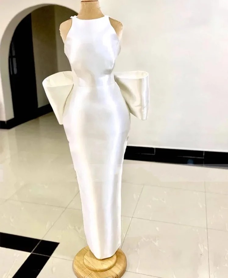 2024 Elegant Wedding Dress White Satin Or Length O Neck Column Bride Party Gowns Women Slit Big Bow Illusion Back Bridal Guest Dresses Vestidos De Noi