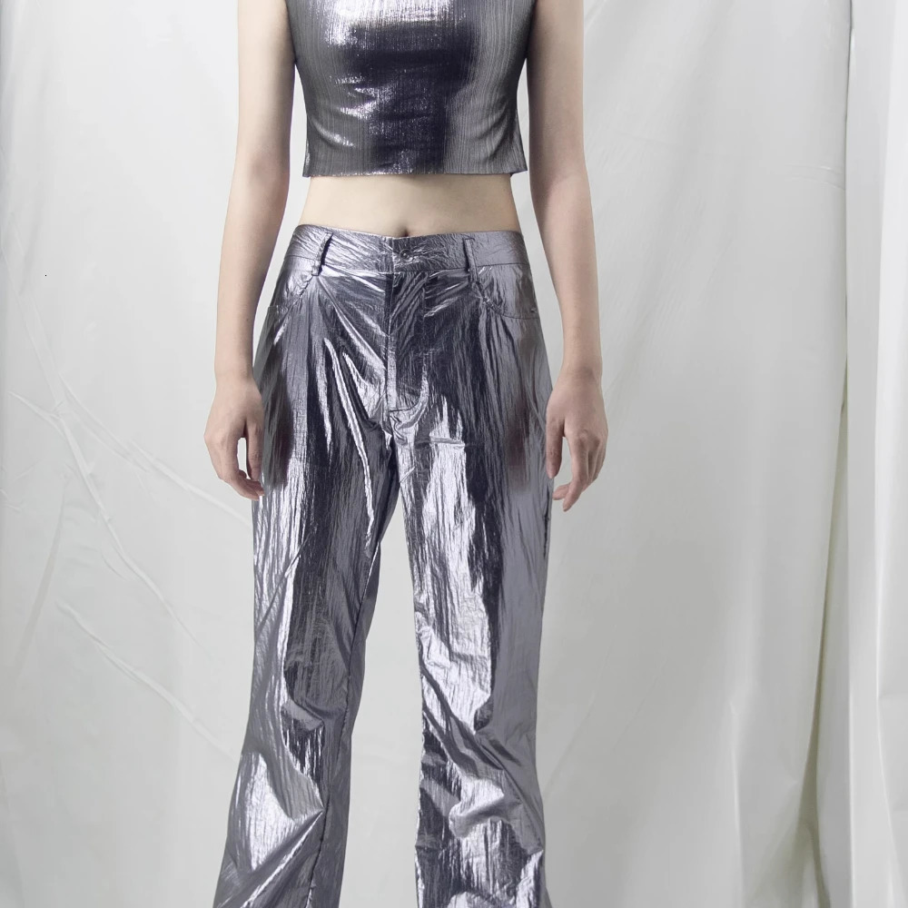 Women's Pants s Millennium Mambo| y2k Onlyfans fashion Gray Metallic Flared Spicy Girl Vintage Futuristic Vibe for women 231206