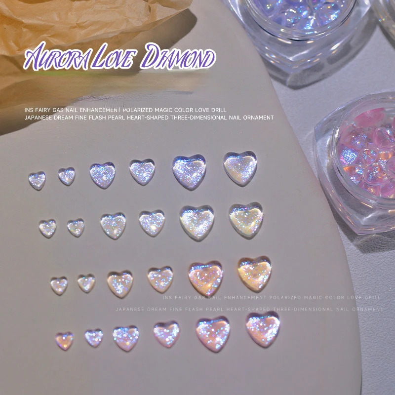 Nail Art Decorations 3040Pcs Aurora Love Heart Nail Art 1 Bottle Girl Relief Sticker 3D Shiny Rhinestones FlatBottom Mixed Mnaicure Crystal 231207