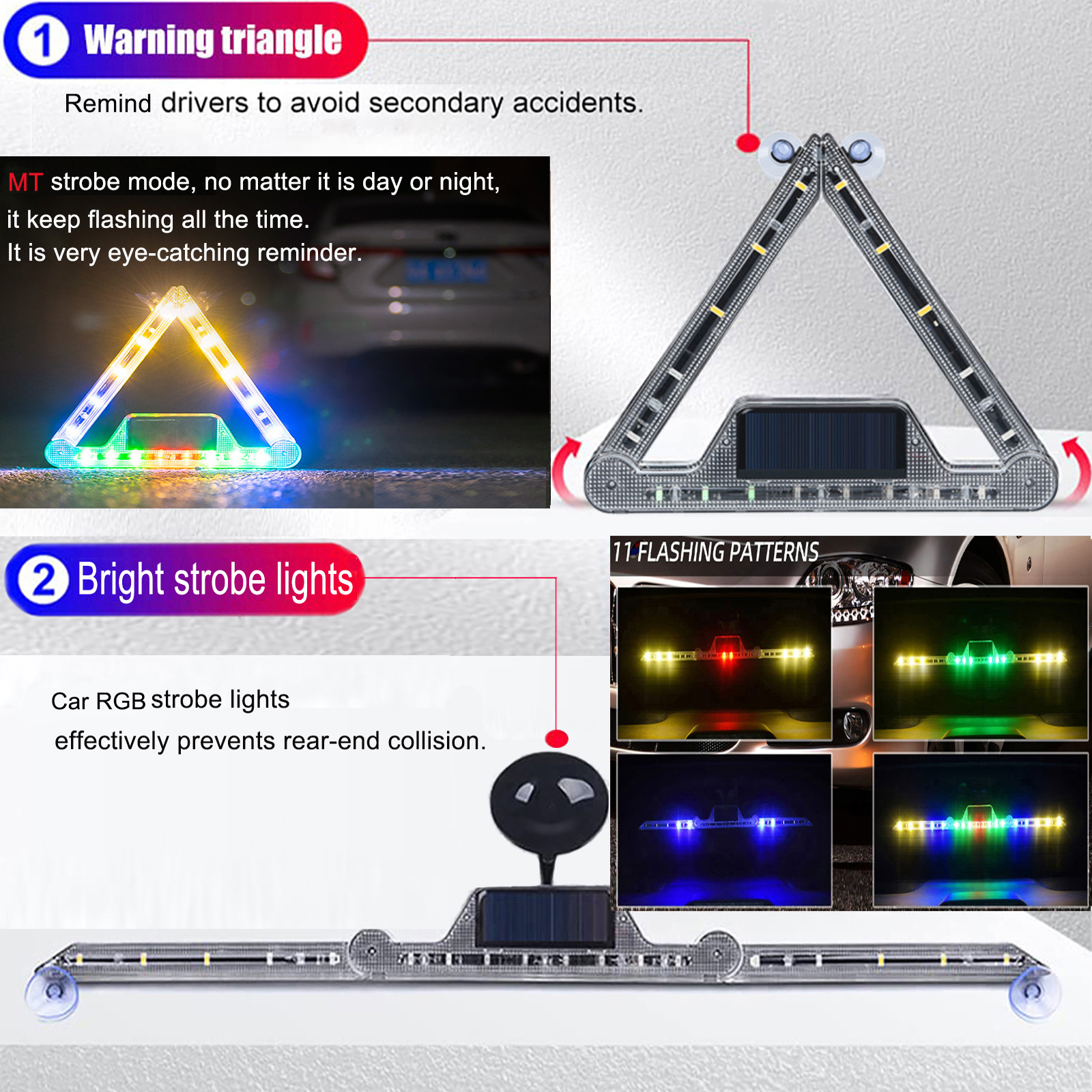 Solar Emergency Strobe Lights for Vehicles USB Rechargeable 11 Flashing Modes Remote Control High-Intensity LED Safety Lights for Trucks and Cars