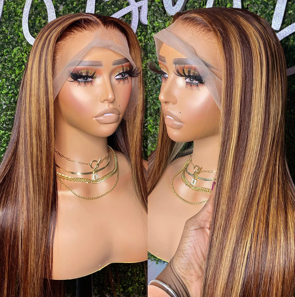 180density Brazilian Highlight Human Hair 13x4 Glueless Honey Blonde Straight Front Wigs Brown Hd Lace Closure Wig for Black Women