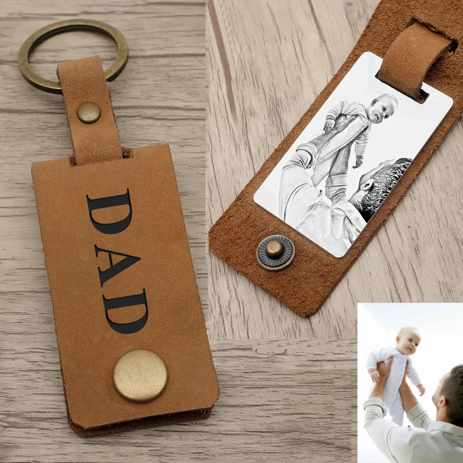 Key Rings Personalised Dad Po Keyring Leather Keychain Father's Day Daddy Gift Picture Engraved For His Her 231206