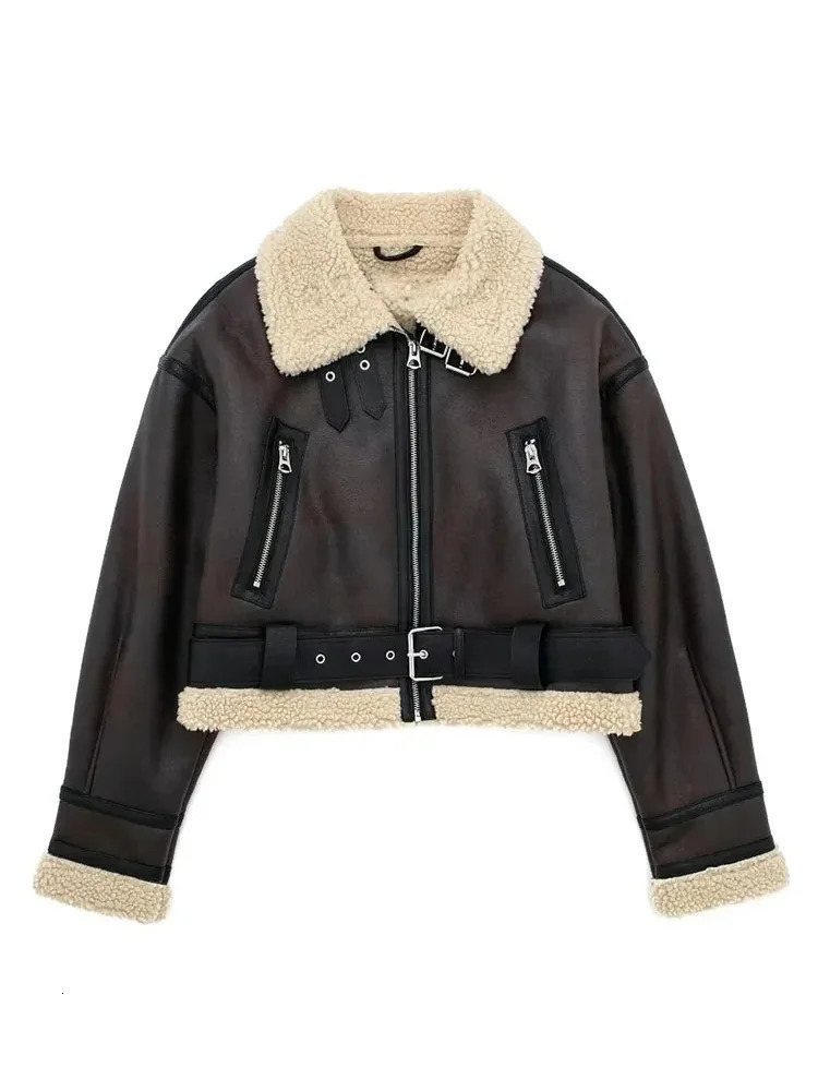 Women's Jackets HH TRAF Winter Faux Leather Jacket For Women Vintage Fleece Lining Motorcycle Coat Lapel Long Sleeve Woman Warm Outerwear 231206