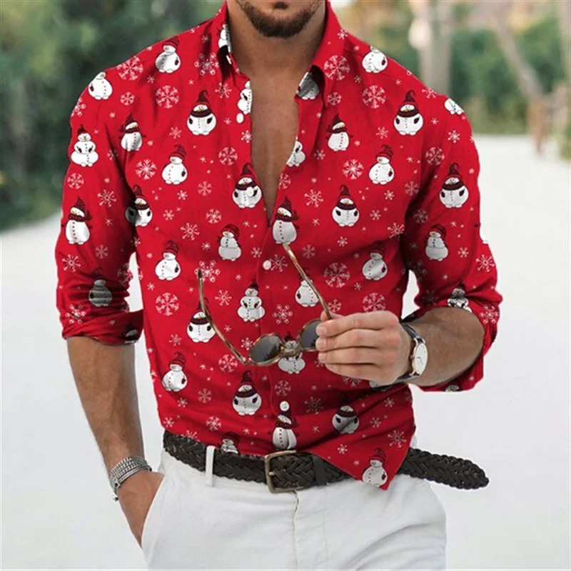 Men's Casual Shirts Hawaiian Christmas Snowman Themed Men's dress Shirt 3D Printed Casual Long Sleeve Street Wear Elegant Clothing for Men O